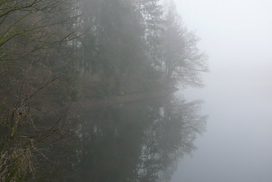 Die Steinbachtalsperre im dichten Nebel.